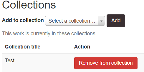 detail of relationships tab on the work page, showing collections section with search box and add button
